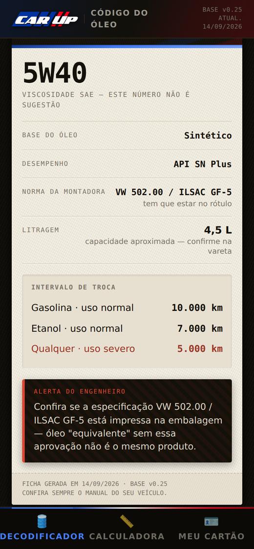 Ficha do óleo exato do carro